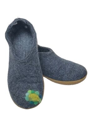 Glerups Denim Blue Felted Wool Slip-On Slippers Rubber Sole Size 37 Appliqué
